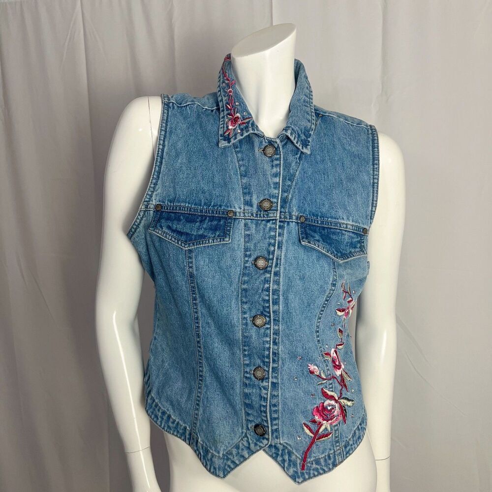 Vintage y2k Bill Blass Denim Vest Pink Flower Embroidered Western Size M